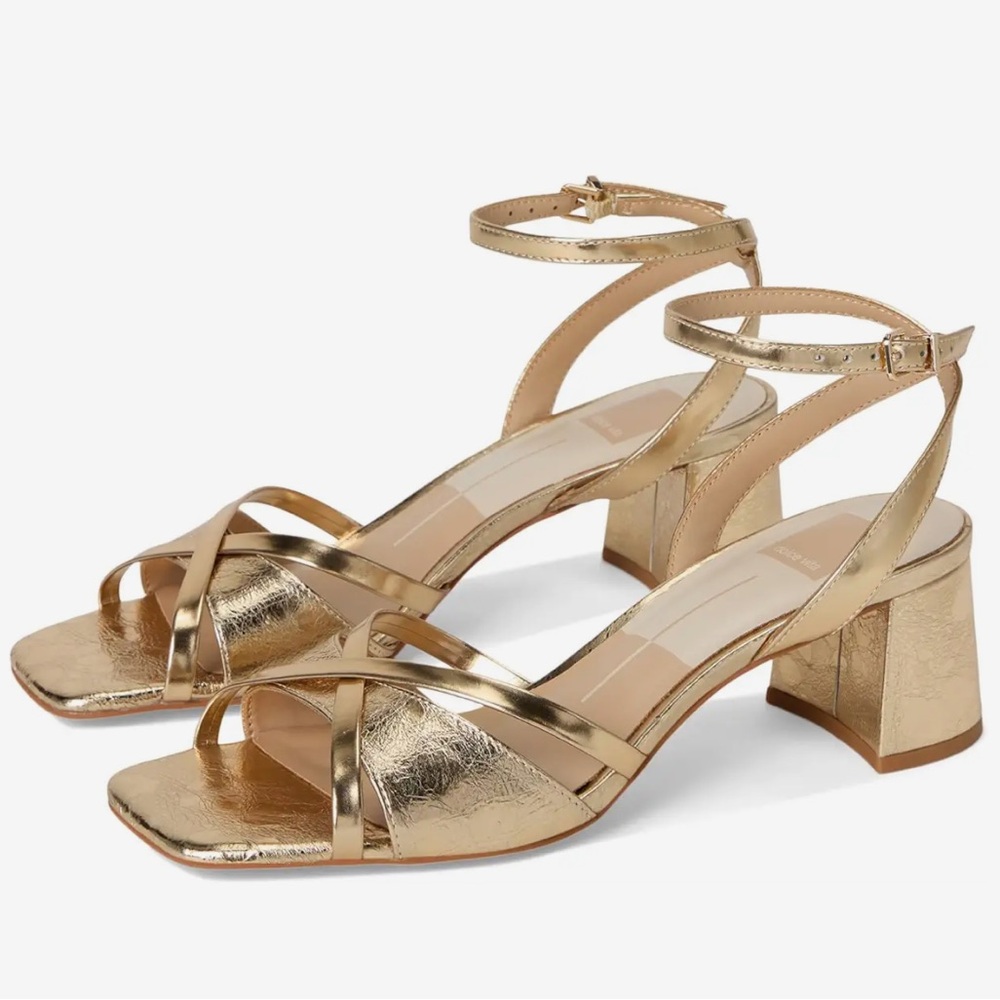 NWT Dolce Vita Blakly Gold Distressed Leather Strappy Block Heel Women’s 8.5